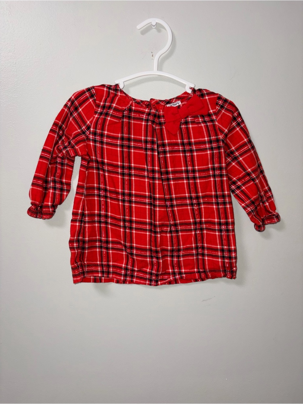 Carters Red & Black Plaid Long Sleeve Top Bow Accent 12M Christmas Holiday